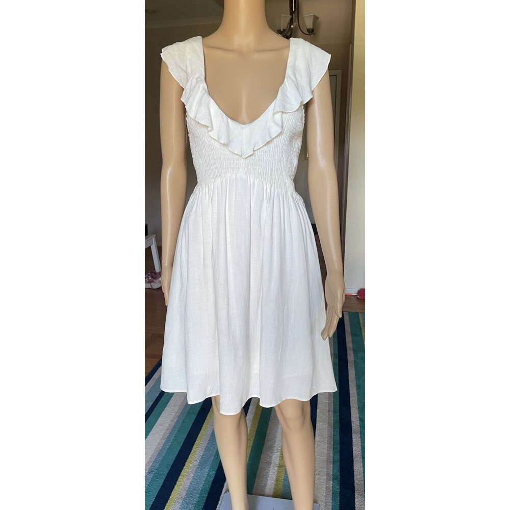 Topshop White Smocked Ruffle Mini Dress – Open Back Tie Detail Size 10